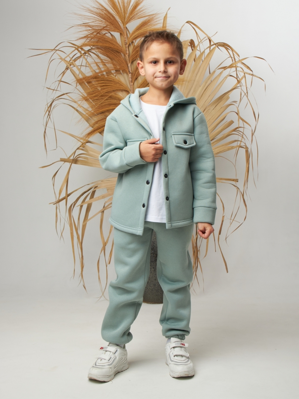333. Костюм детский (Брюки+Толстовка) на кнопках, олива, хлопок 65%, 35% ПЭ, 3-х нитка с  начесом 98,104,110,116